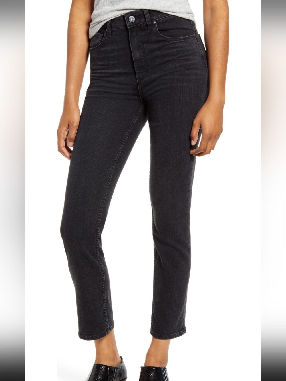 PAIGE Sarah Slim High Rise Straight Leg Jeans Faded Black Wash